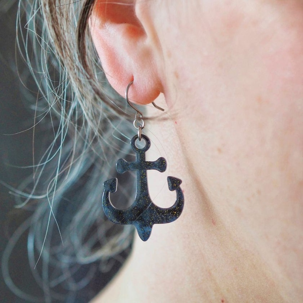 New Release 3/2025” Ship Anchor Drop Earrings - Navy by Erstwilder - Picture 2 of 3